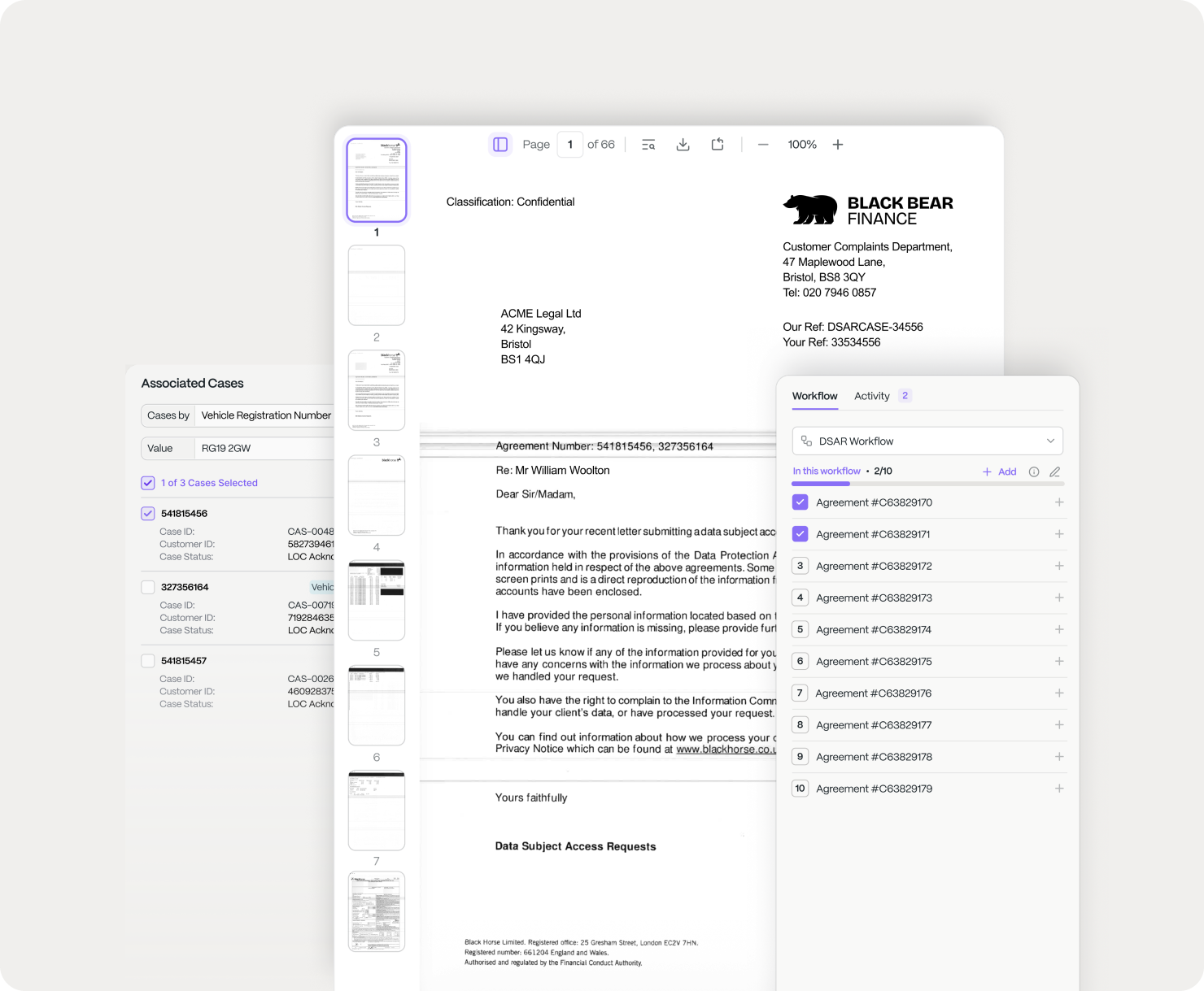 A DSAR response open in Claim Inbox, the agreements it lists extracted beside the letter